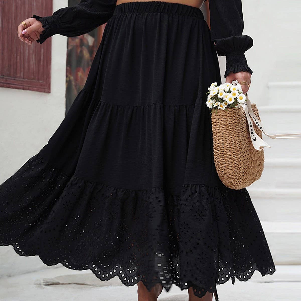 Solid Color Fashion Plus-Size Hollow Out Skirt