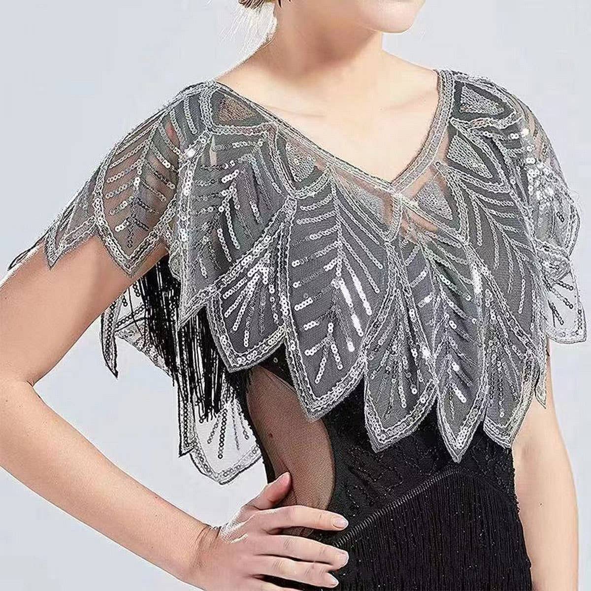 BEADED SEQUIN CAPELET VINTAGE EVENING WRAP_CWMM8957