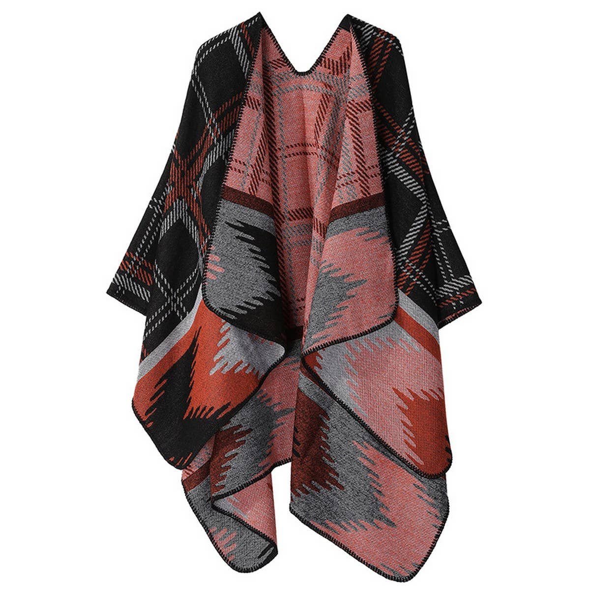 DOUBLE SIDED PLAID FAUX CASHMERE SHAWL CAPE_CWASC2135