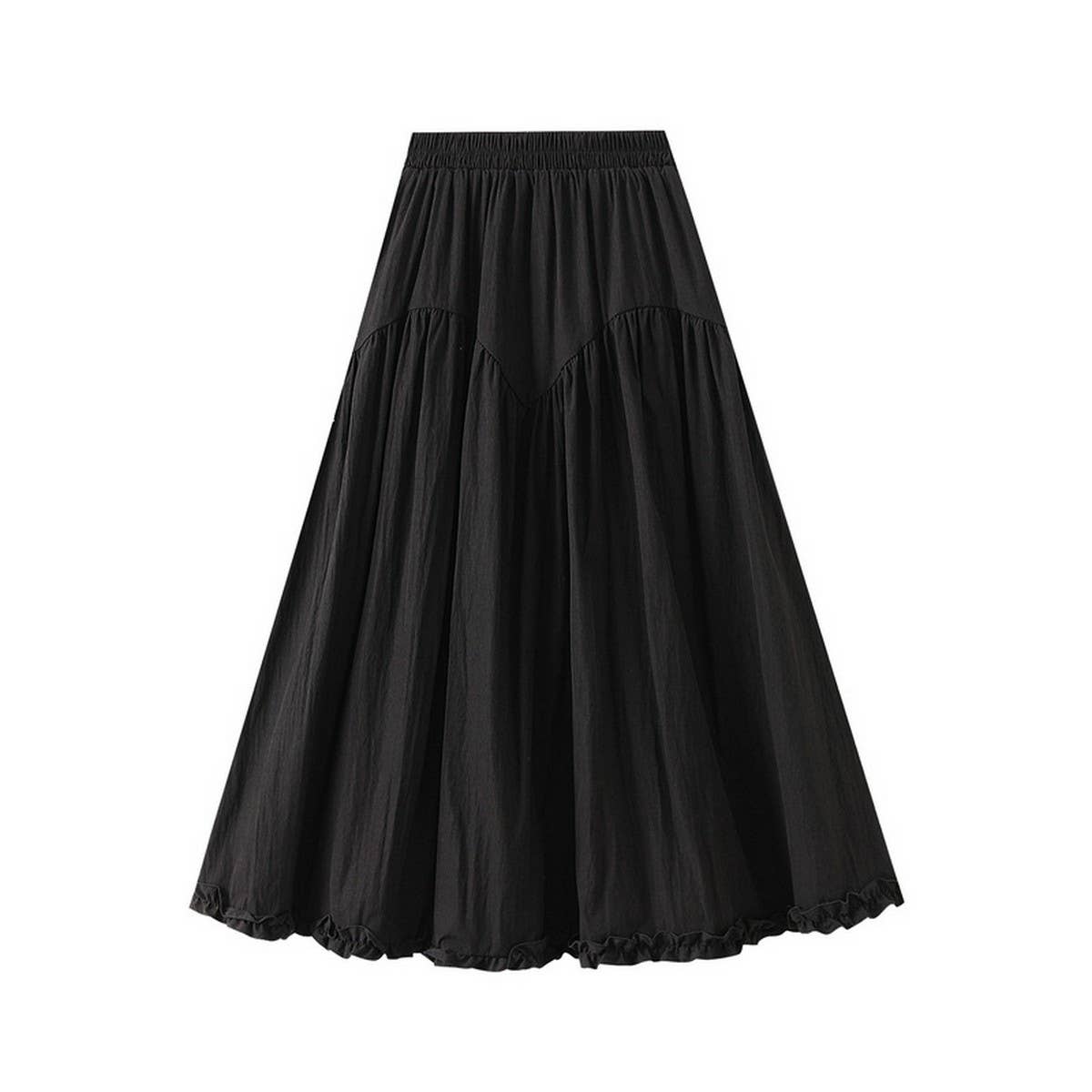 RUFFLE TRIM PANELED A LINE FLOWING MIDI SKIRT_CWBMS0351