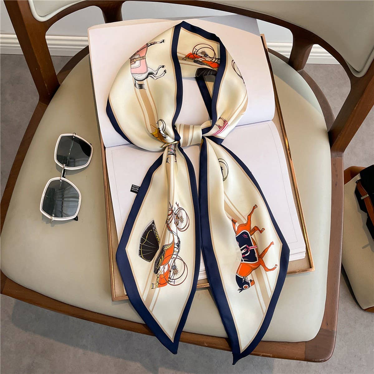 NARROW RIBBON ANGLED PRINTED SILK HEAD SCARF_CWASC1527