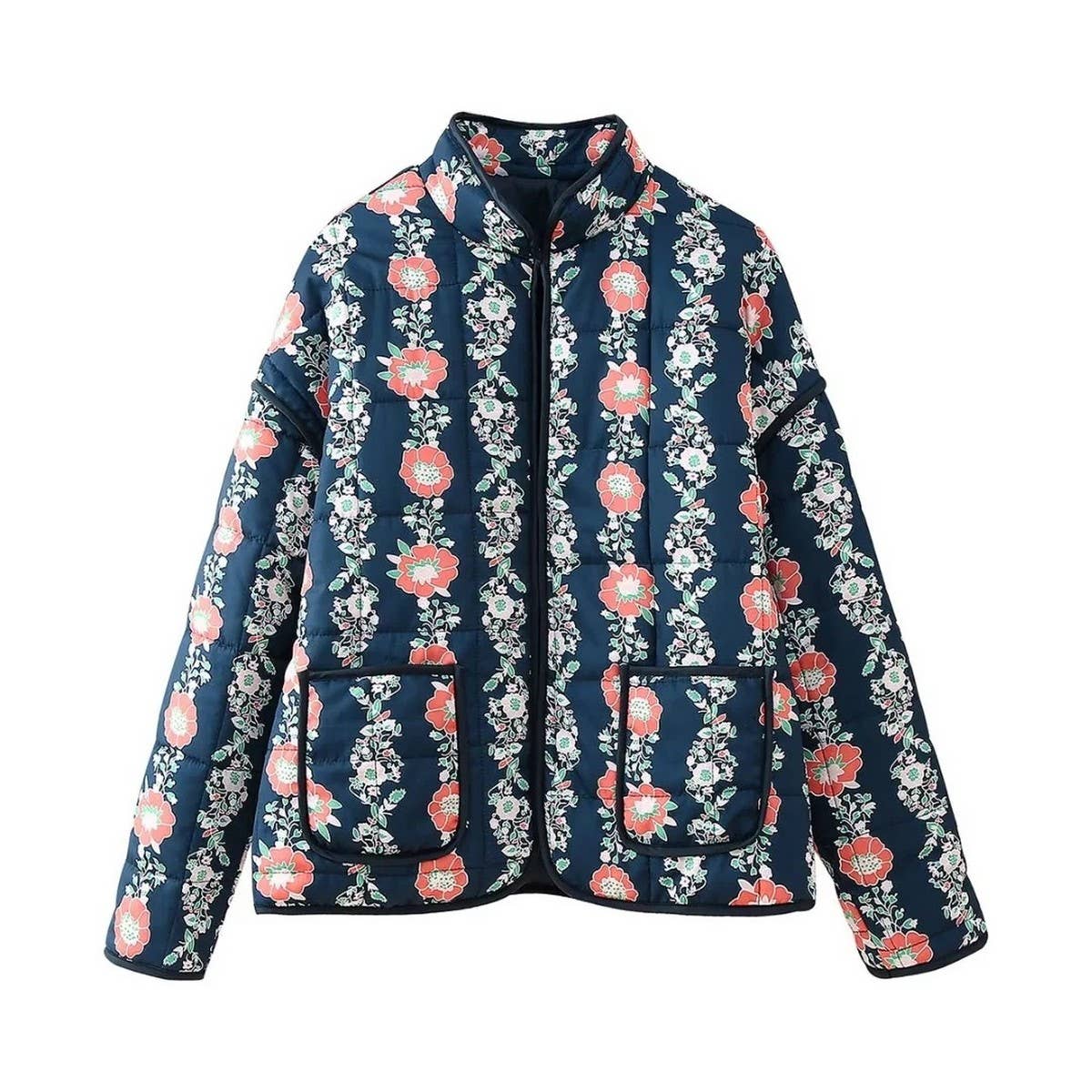 STAND COLLAR FLORAL PRINT LOOSE QUILTED JACKET_CWOJA1560