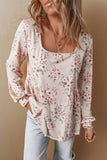 U-Neck Floral Print Pleated Long-Sleeved Top