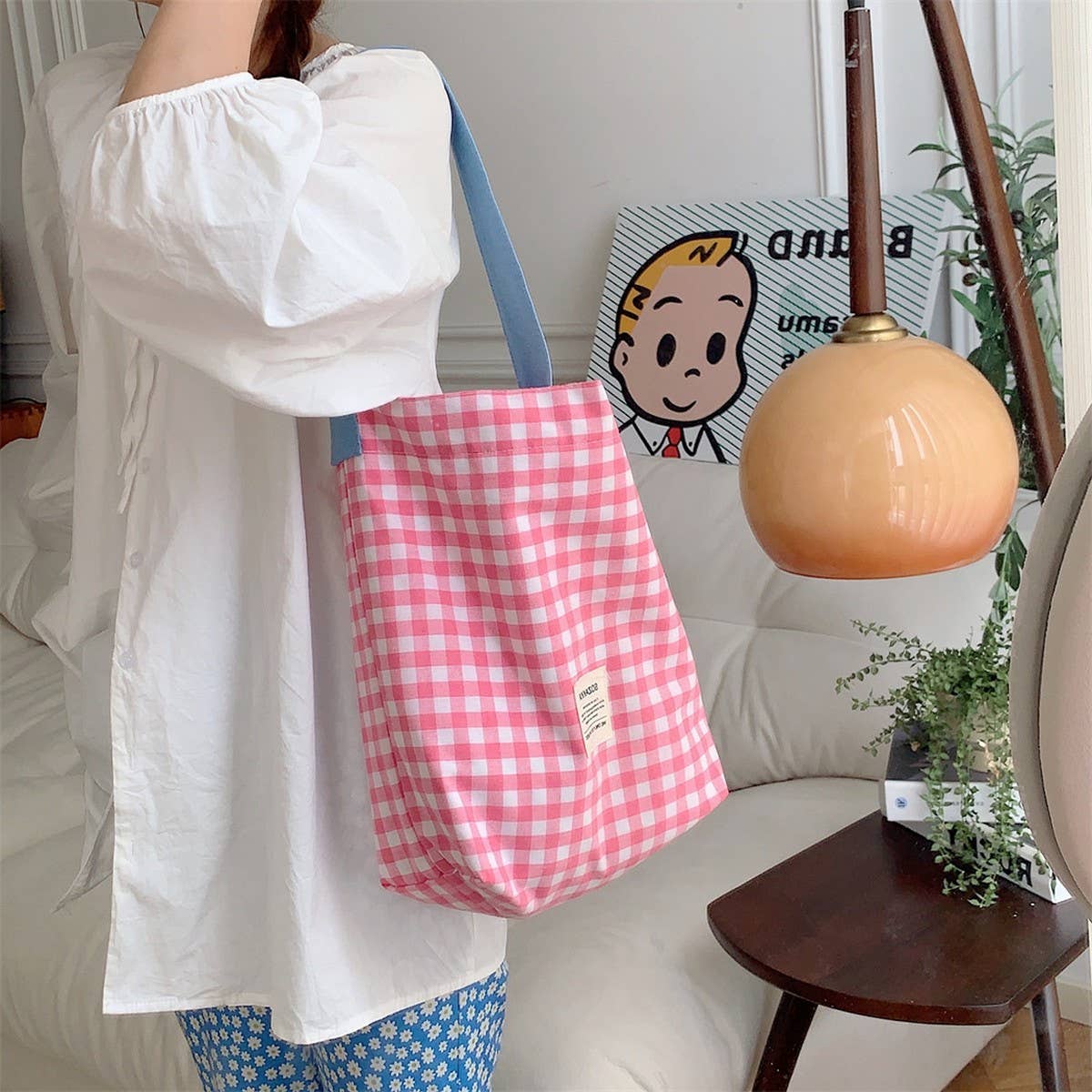 Cwab3908_Contrast Check Canvas Shoulder Tote Bag
