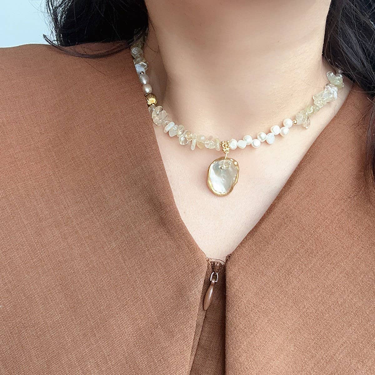 GLITTERING WAVE SHAPED NATURAL PEARL SET_CWAJE1707