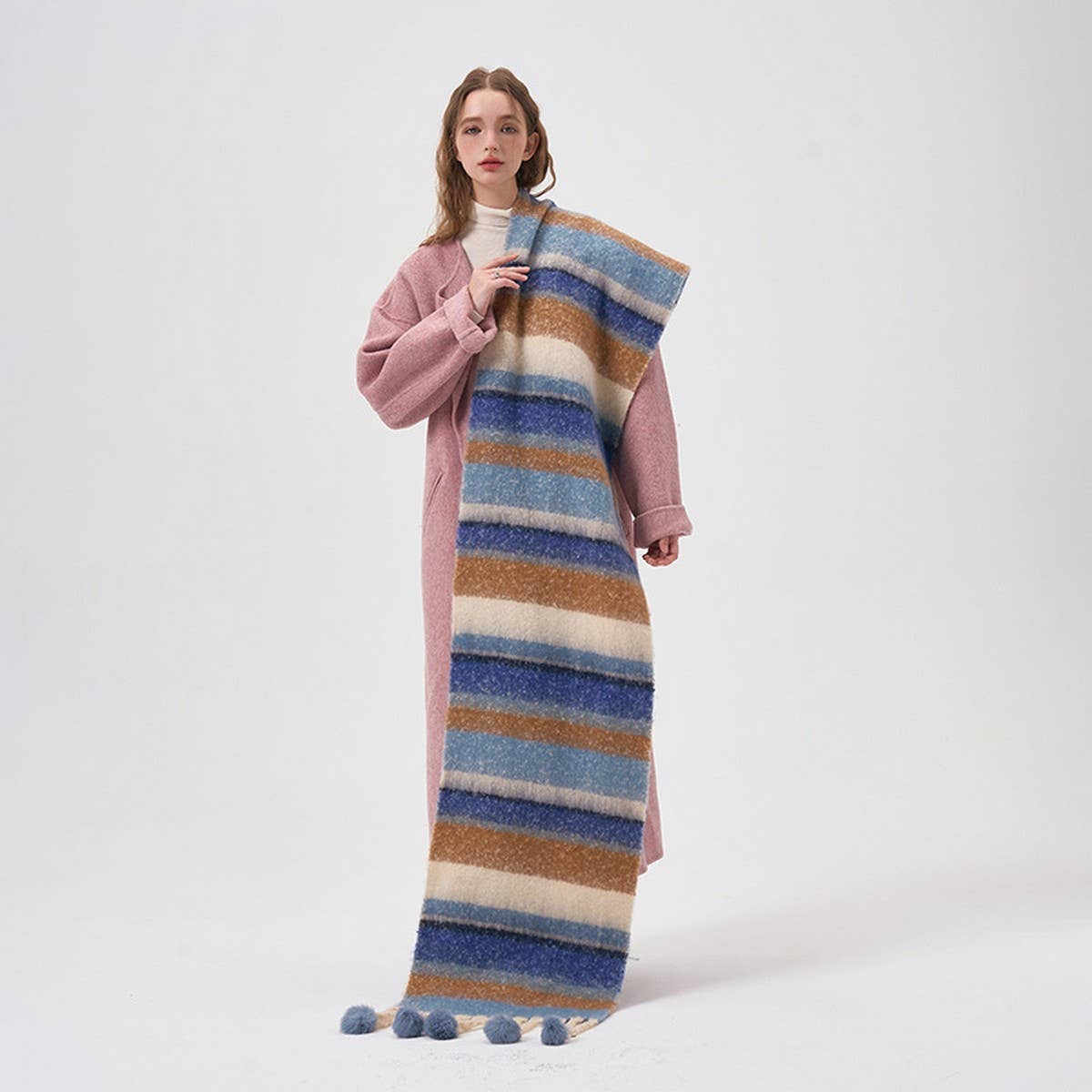 COZY COLORBLOCK STRIPE POM POM SCARF FOR WINTER_CWASC2341