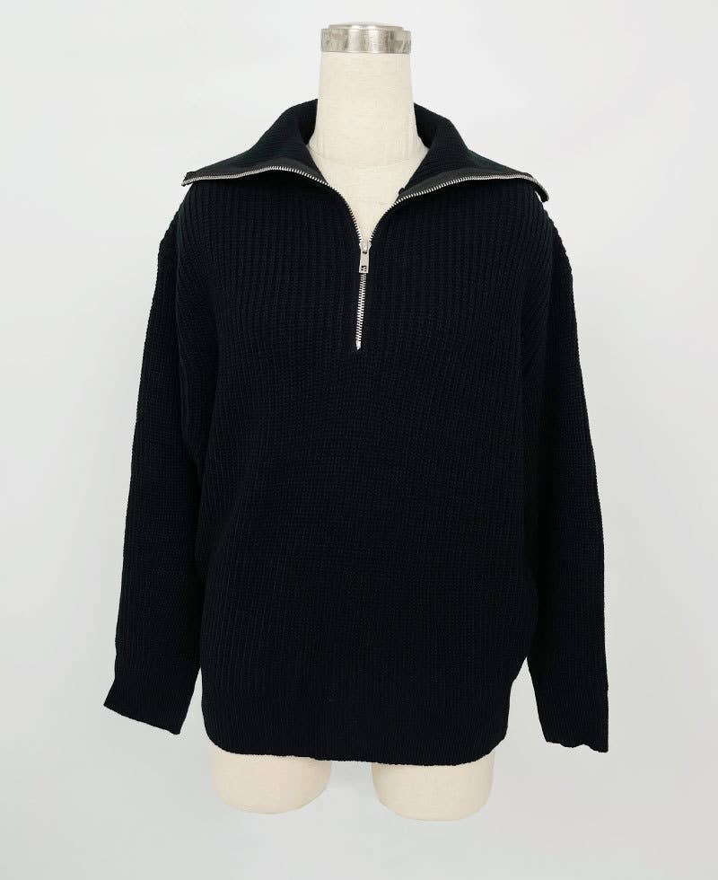 Solid-Color High-Neck Zipper Lapel Sweater
