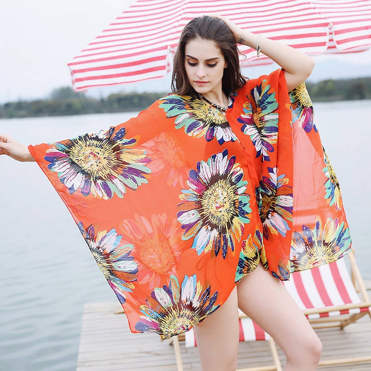 SUNFLOWER PRINT FRONT OPEN KIMONO FOR SUMMER_CWASC0796