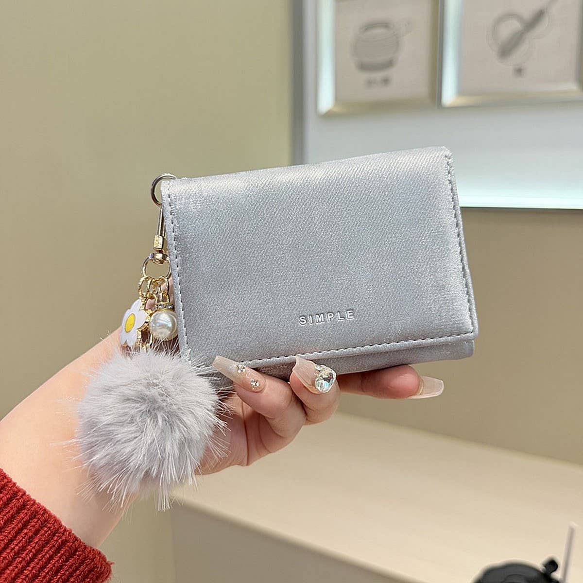 Velvet Mini Trifold Wallet With Pom Pom Charm_Cwab06225