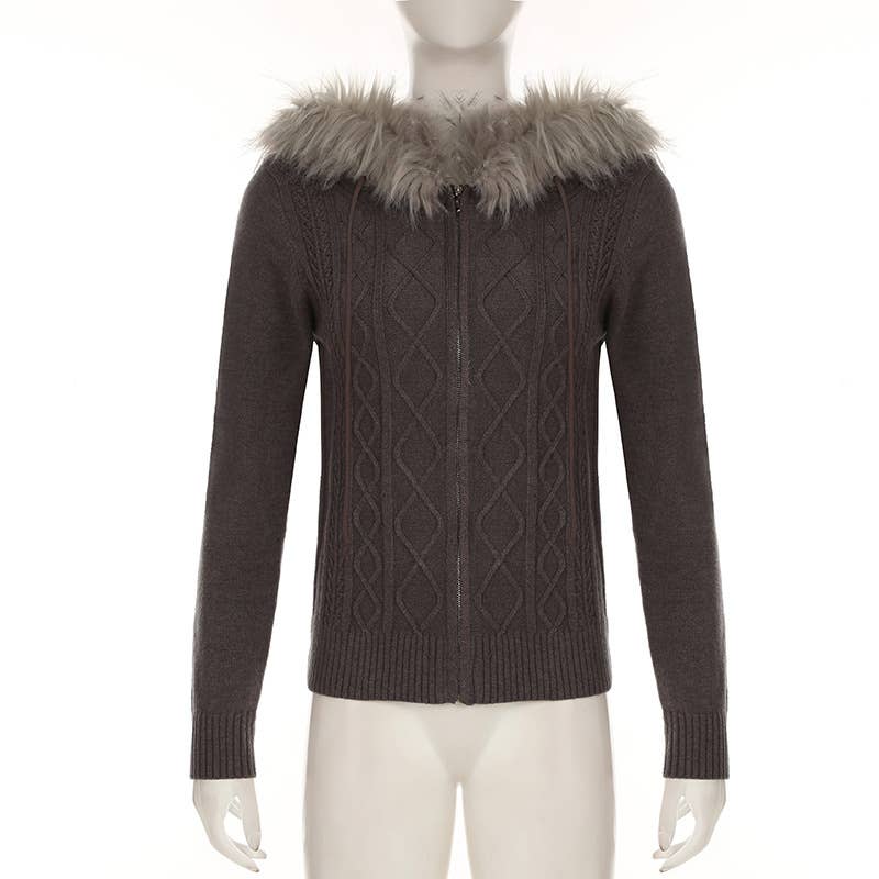 Vintage Twist Zipper Fur Hooded Cardigan Coat