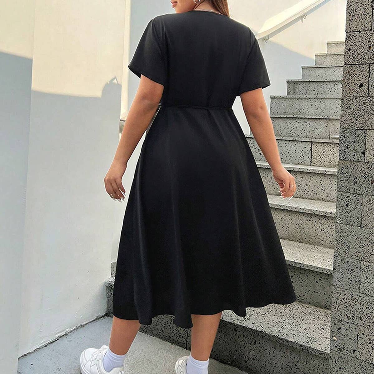 Womens Neck Split Midi Dress Solid Color_Cwdmd6036