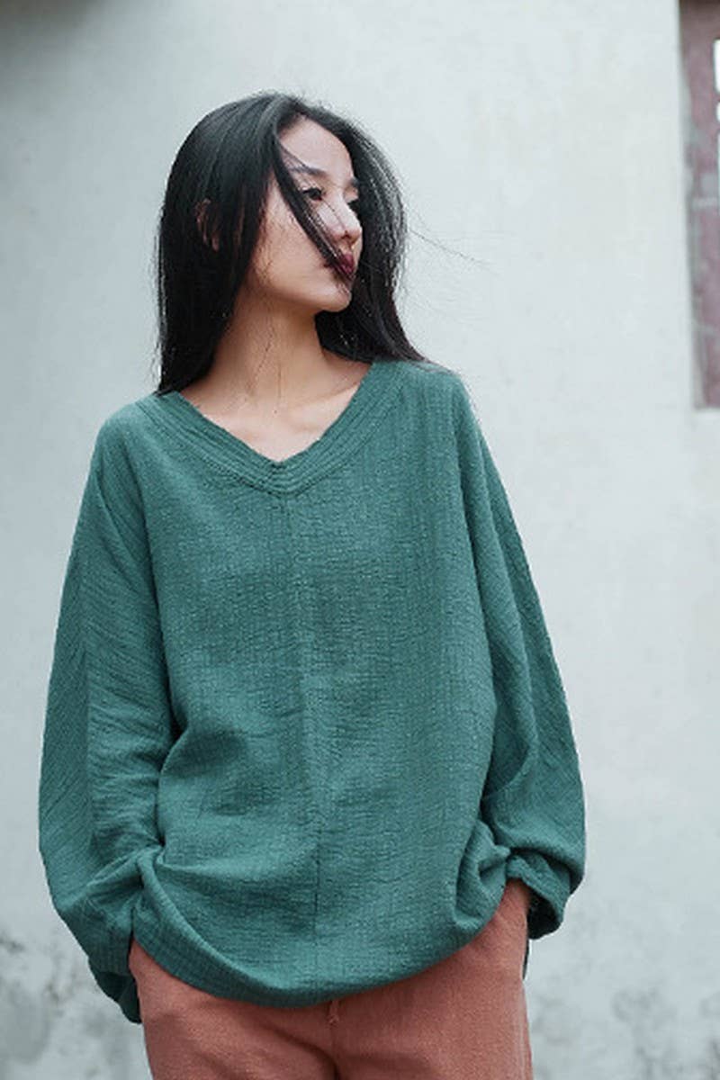 Cwtbll2463_Cotton And Linen Pullover V-Neck Bat T-Shirt