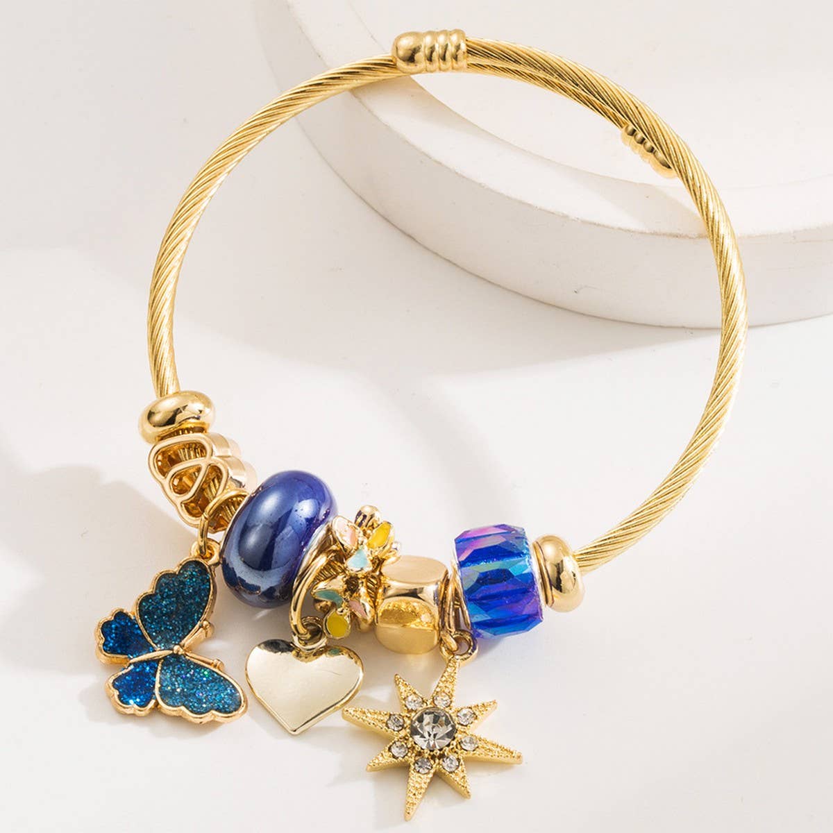 BEADED STEEL BRACELET WITH ENAMEL BUTTERFLY STAR_CWMM8564