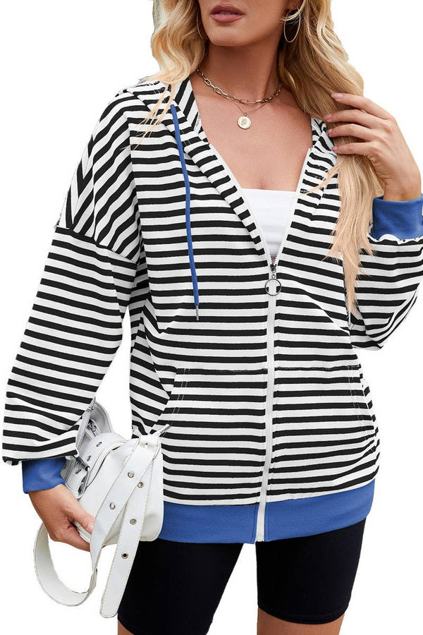 Cwoco0879_Casual Contrast Stripe Hooded Zip-Up Sweatshirt