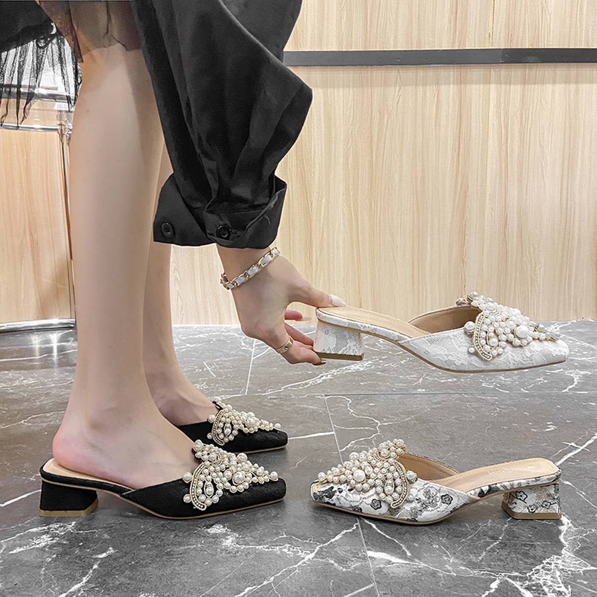 NEW STYLE THICK HEEL PEARL DECORATED SLIPPERS_CWSHS0702