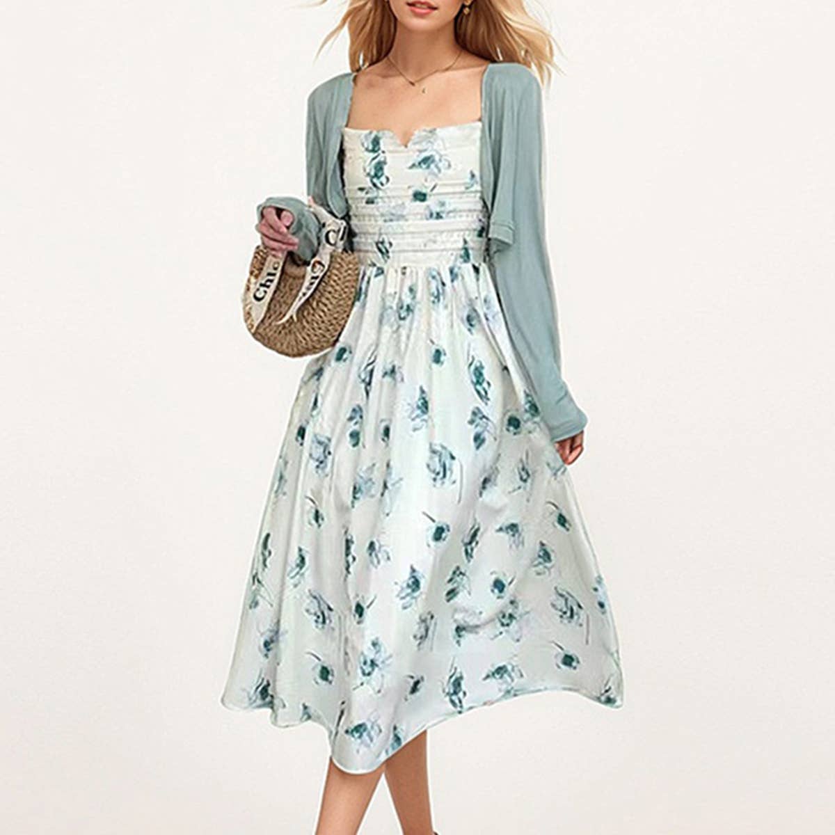 Spaghetti Strap Midi Dress With Knit Cardigan Set