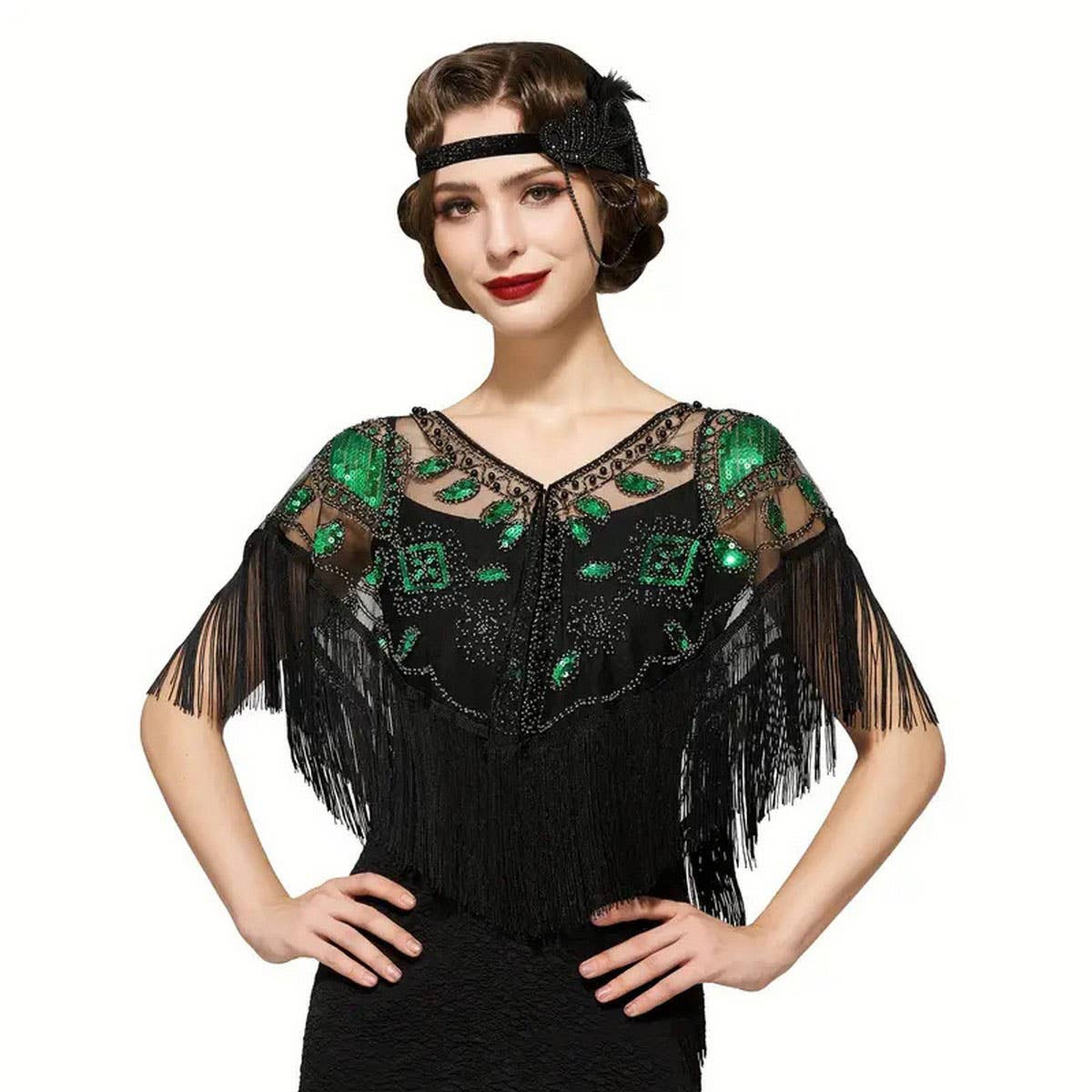 Vintage Sequin Fringe Cape Party Dress Shawl_Cwmm8959