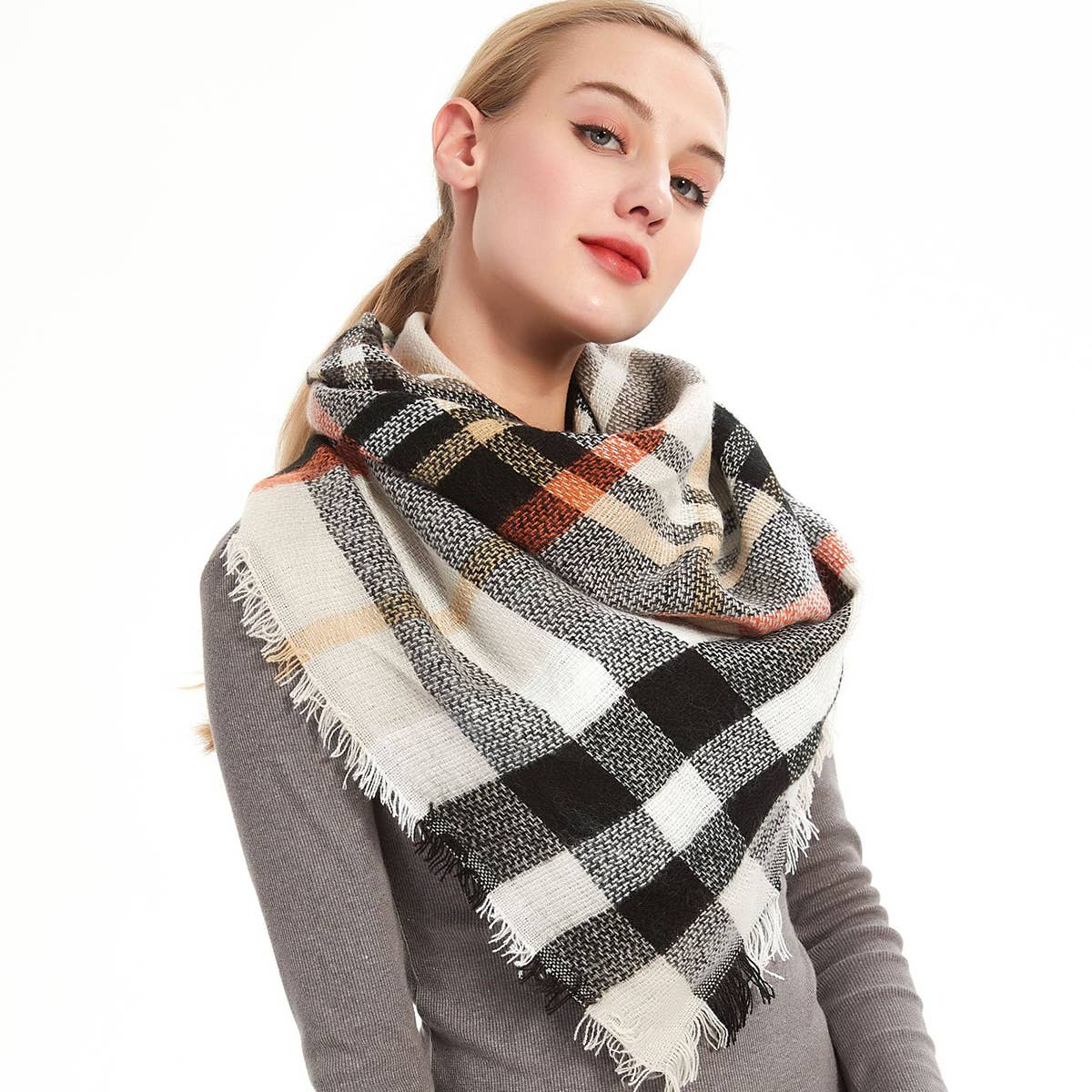 RAINBOW PLAID SCARF TRIANGLE WINTER SHAWL_CWASC0116