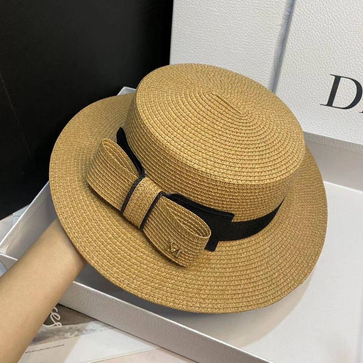 FEDORA STRAW HAT SIMPLE BOW FLAT TOP ELEGANT WOMEN_CWAH1155