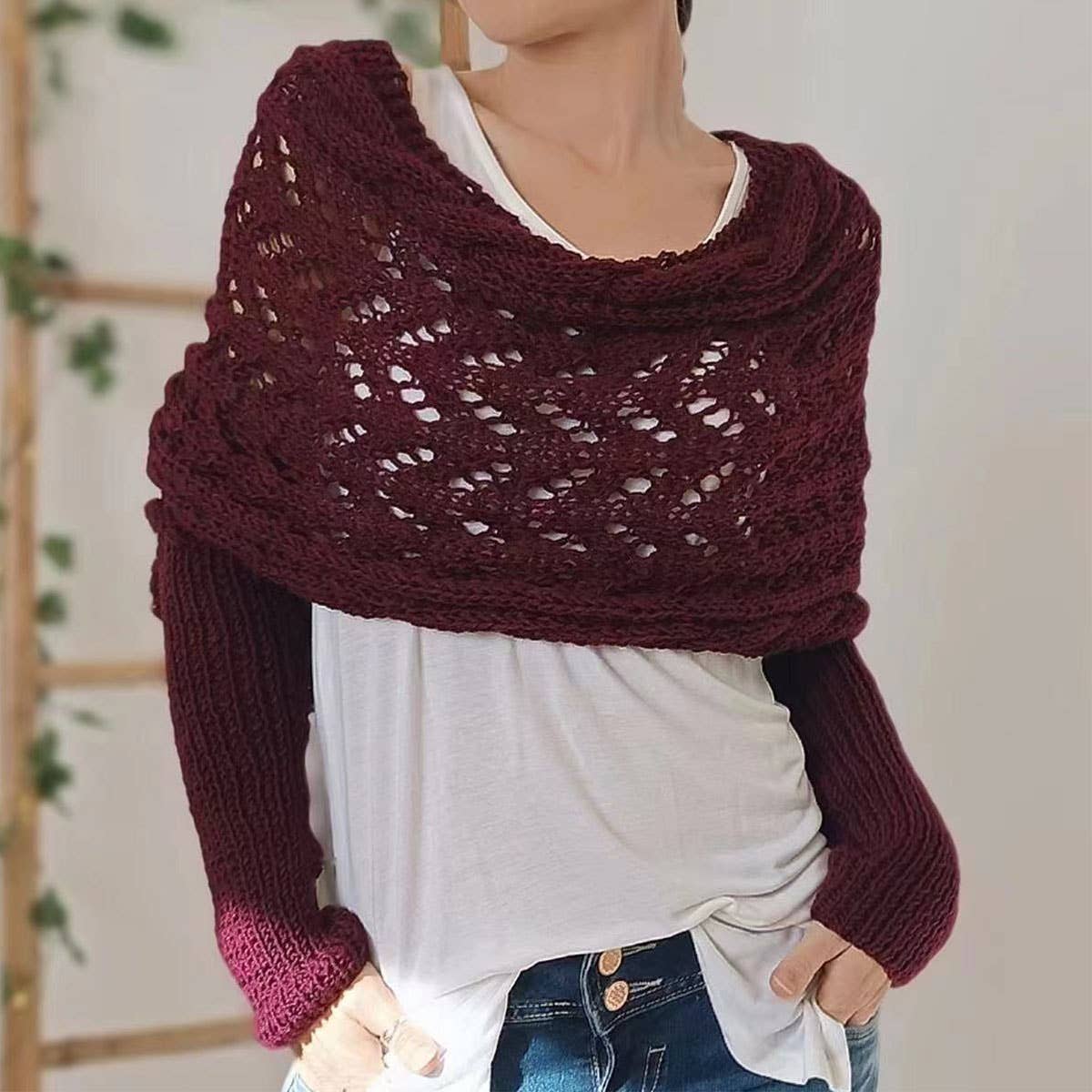 CABLE KNIT INFINITY SCARF WITH SLEEVES FOR FALL _CWASC1537