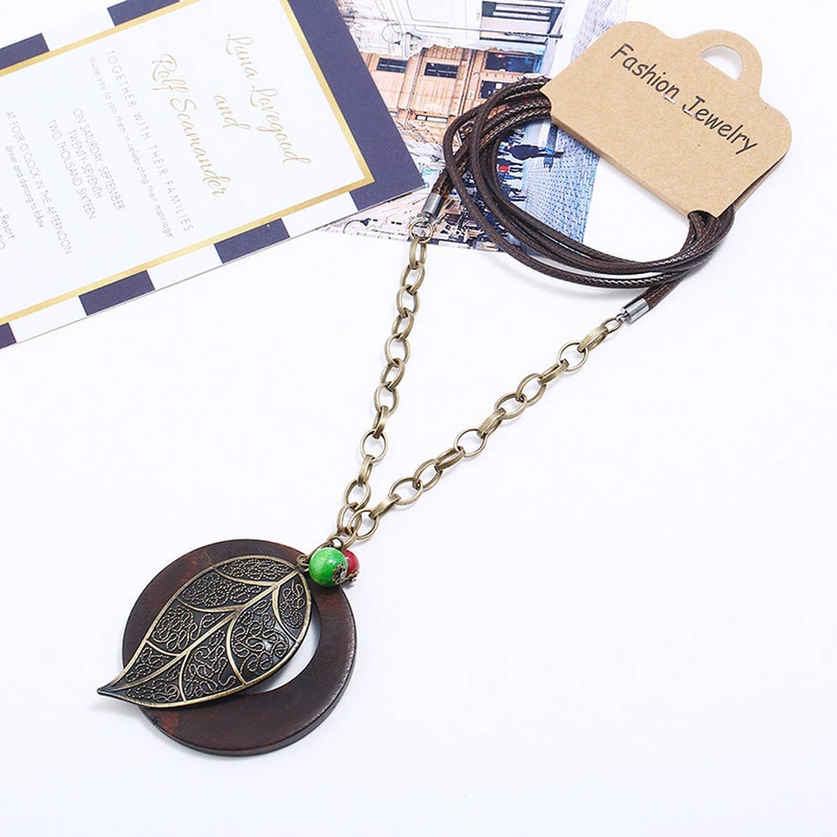 Wax Wire Alloy Large Leaf Long Necklace_Cwmm4619