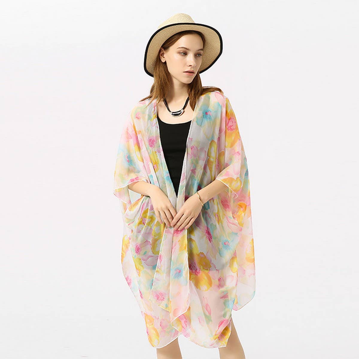 MULTICOLOR FLORAL PRINT OPEN FRONT KIMONO CARDIGAN_CWASC0789