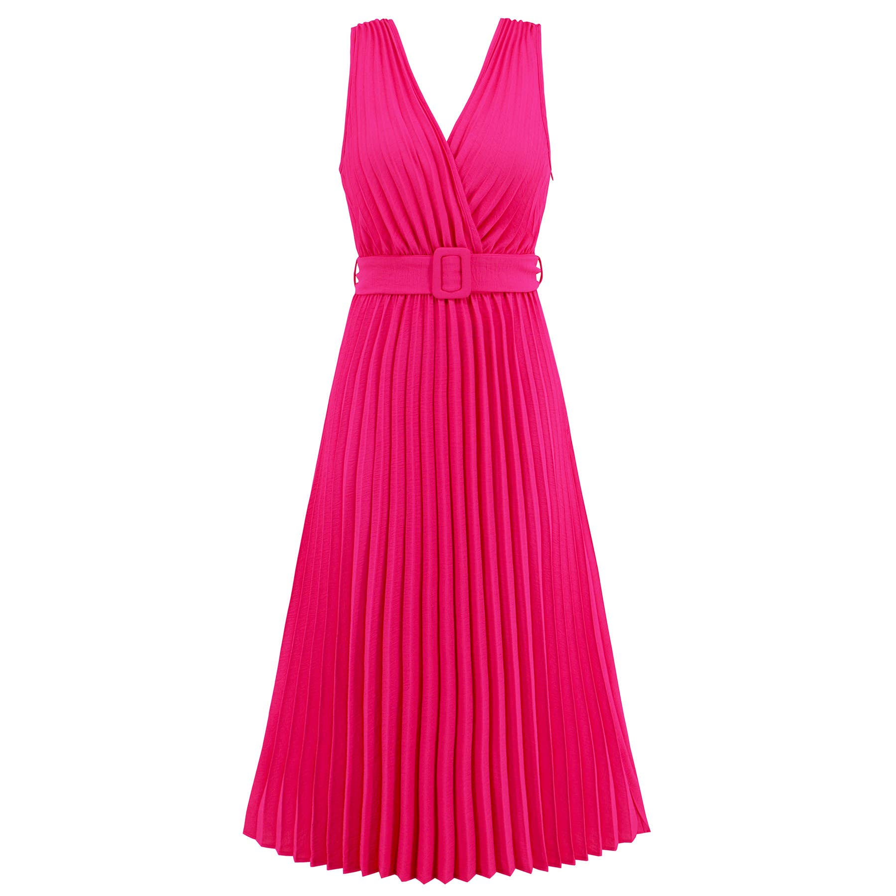 V-Neck Pleated Belted Bodycon Midi Dress