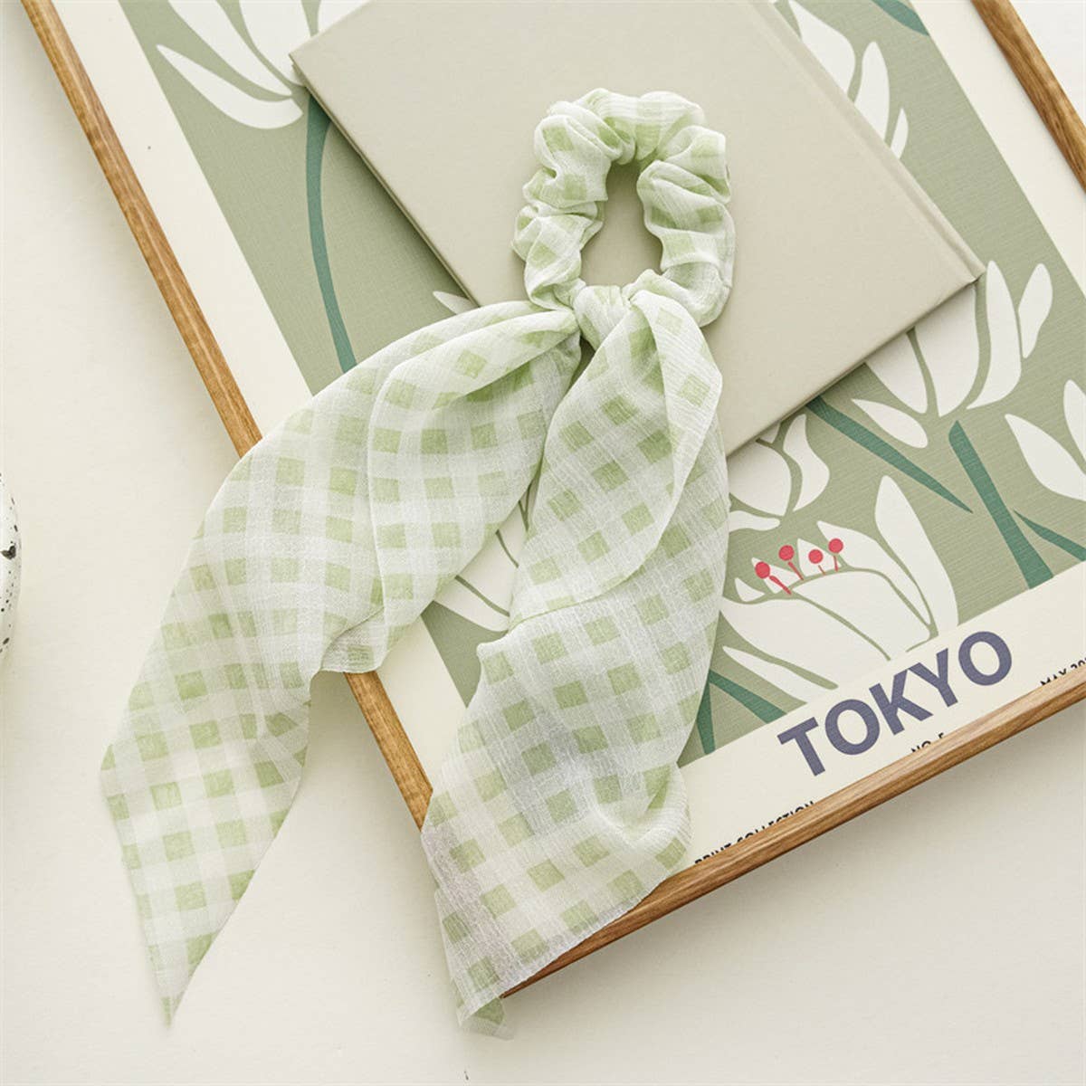 SMALL FRESH FLORAL PLAID RIBBON HAIR TIE_CWAHA1084