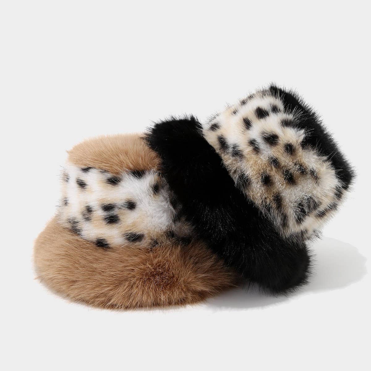 Leopard Faux Fur Bucket Hat Warm Winter Cap_Cwah04775