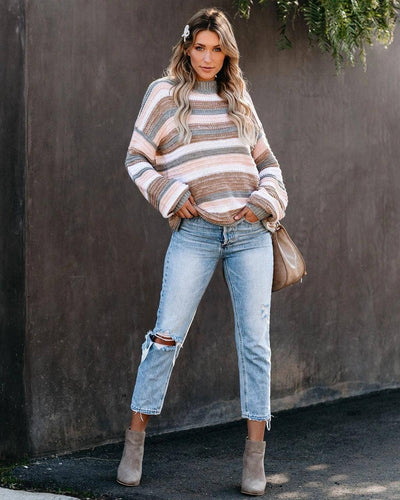 Pullover Spliced Striped Ol Tunle Crew-Neck Sweater