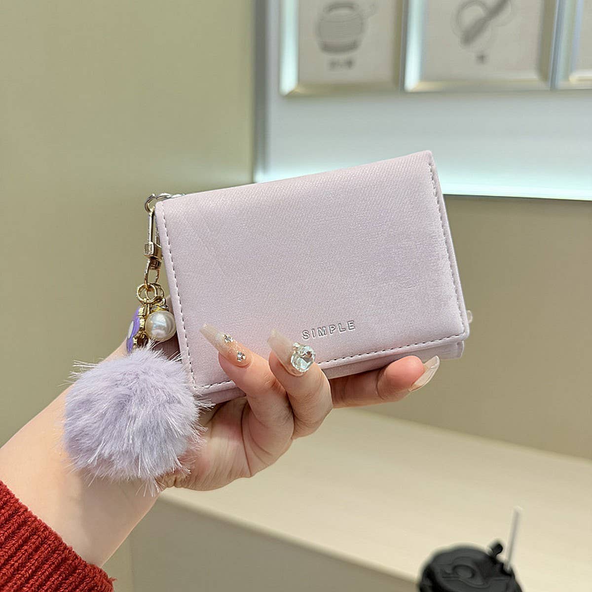 Velvet Mini Trifold Wallet With Pom Pom Charm_Cwab06225