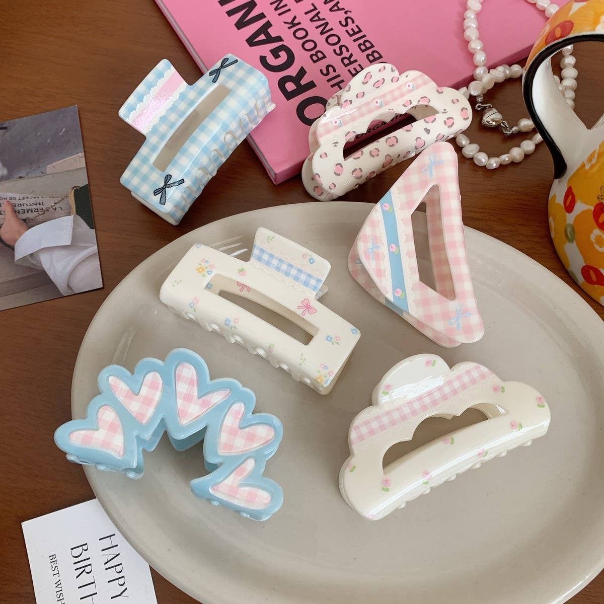 CUTE ACRYLIC FLORAL PLAID BOW HAIR CLIP SHARK CLIP_CWAHA2632