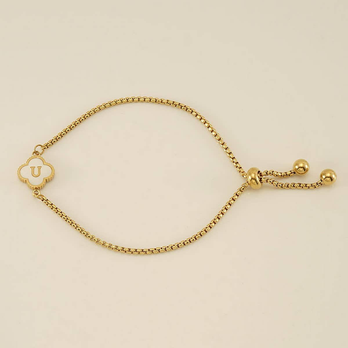 Cwaje1959_Adjustable Four Leaf Clover Letter Shell Bracelet