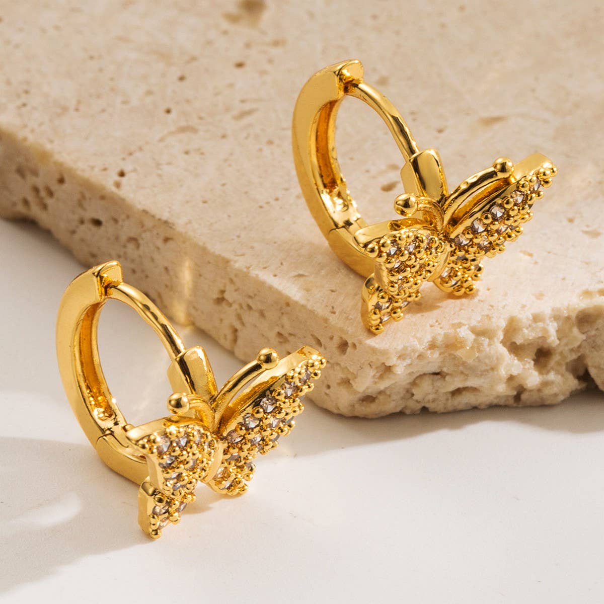 BUTTERFLY FLOWER CZ HOOP EARRINGS GOLD PLATED CHIC_CWMM8520