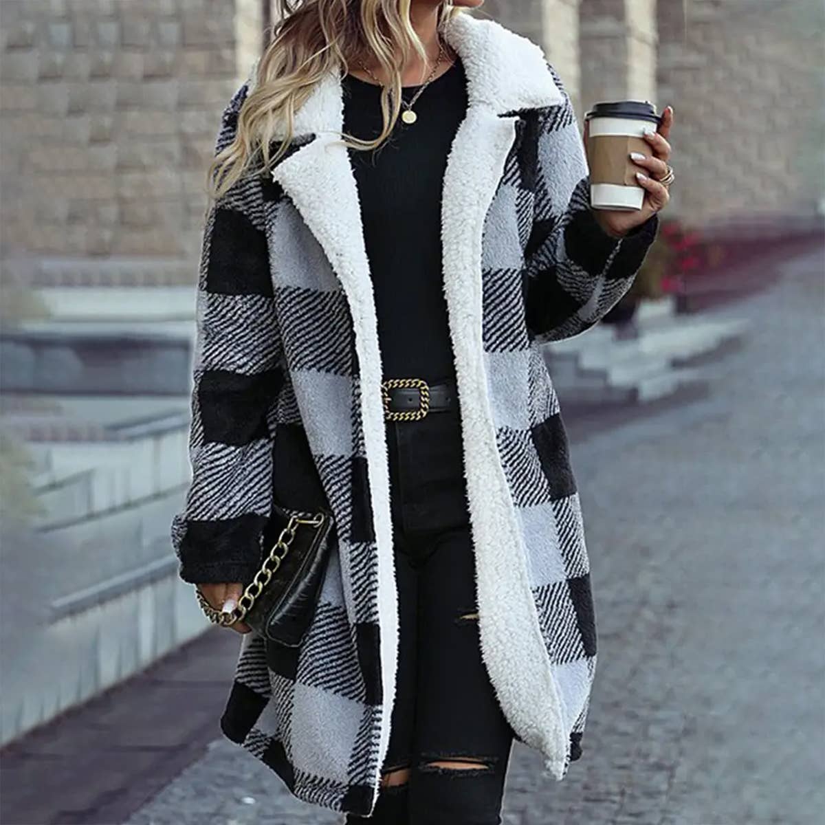 Women Cozy Warm Winter Plaid Fleece Coat Jacket_Cwoja0623