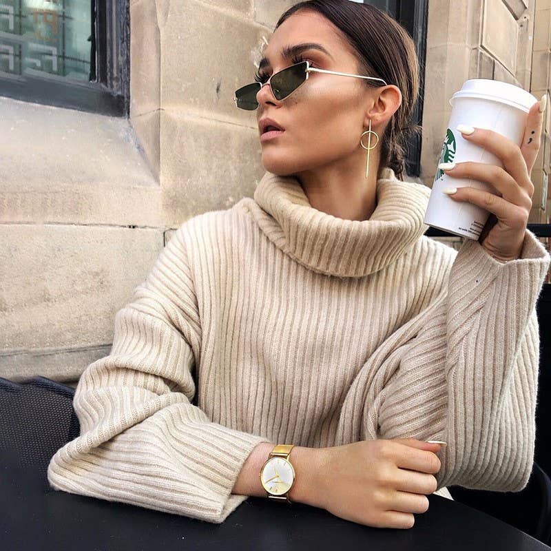 Solid-Color High-Neck Loose Knitted Sweater