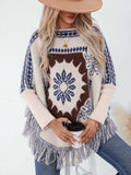 Womens Loose Long-Sleeved Knitted Tassel Cape