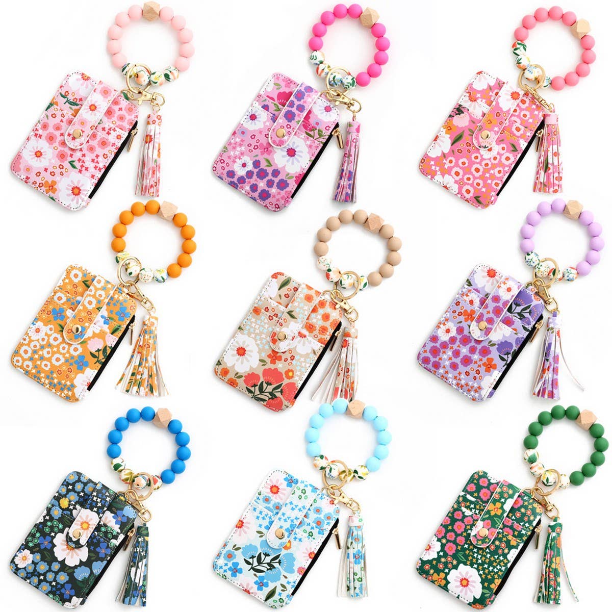 FLORAL PU WALLET WITH BEAD BRACELET CARD HOLDER_CWAB4955