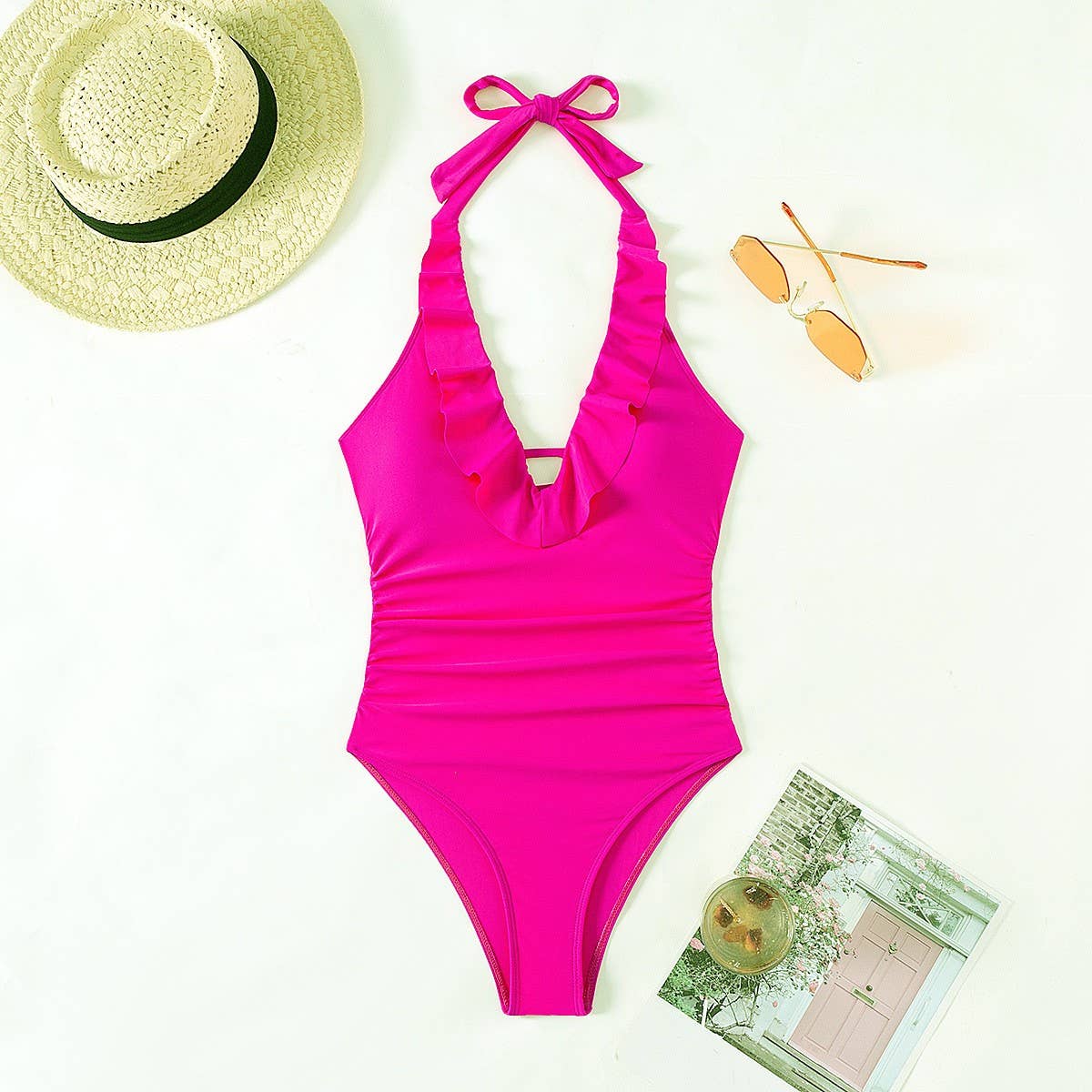 Womens Backless Ruffled One-Piece Swimsuit