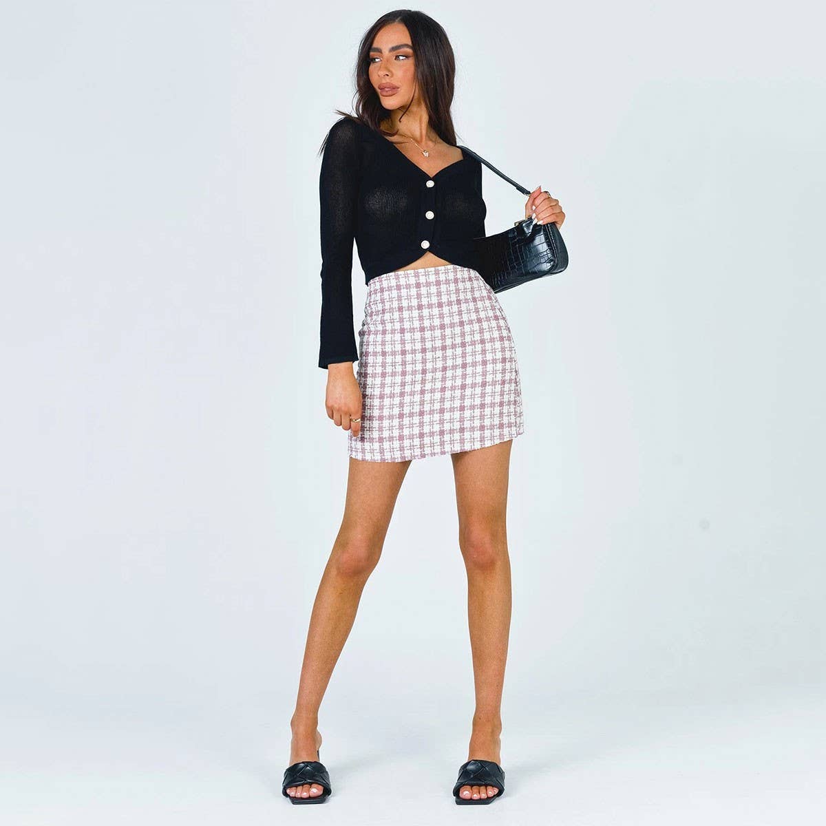 RETRO CHECKERED A LINE SHORT WOOLEN SKIRT_CWBSS0393