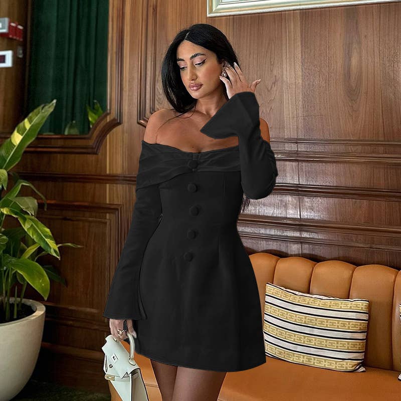 Solid-Color Strapless Long-Sleeved Short Dress