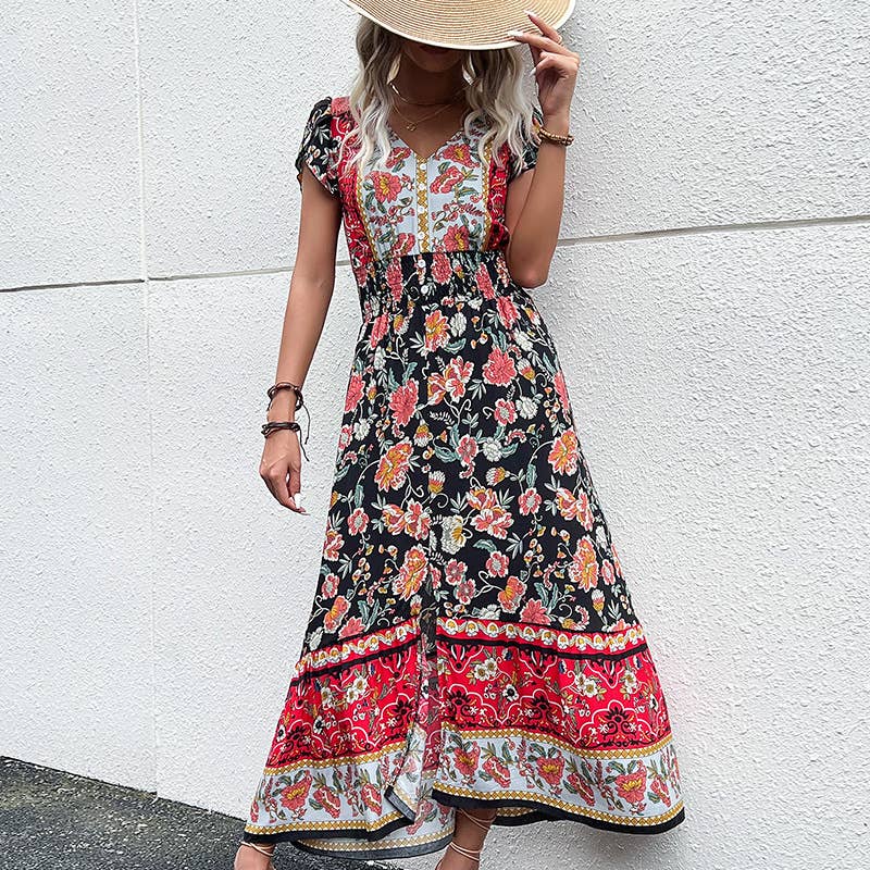 V-Neck Waist Flower Sleeve Slit Dress