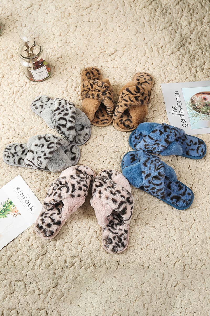 LEOPARD PATTERN CROSS FLUFFY HOME BEDROOM SLIPPERS_CWSHS0228