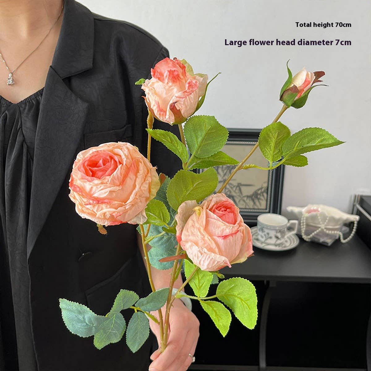 SINGLE STEM 4 HEAD COUNTRY STYLE BURNT EDGE ROSES_CWMM6473