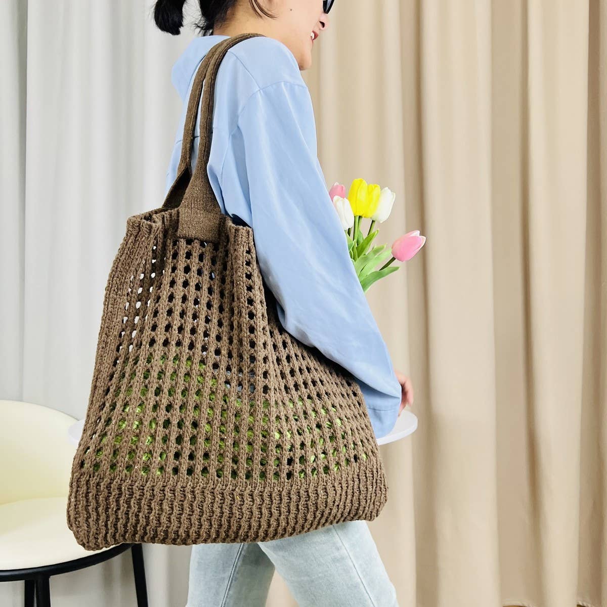 Cwab5059_Solid Color Hollow Bag Single Shoulder Woven Bag