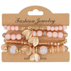 Cwmm10456_Boho Leaf Charm Multi Layer Beaded Bracelet