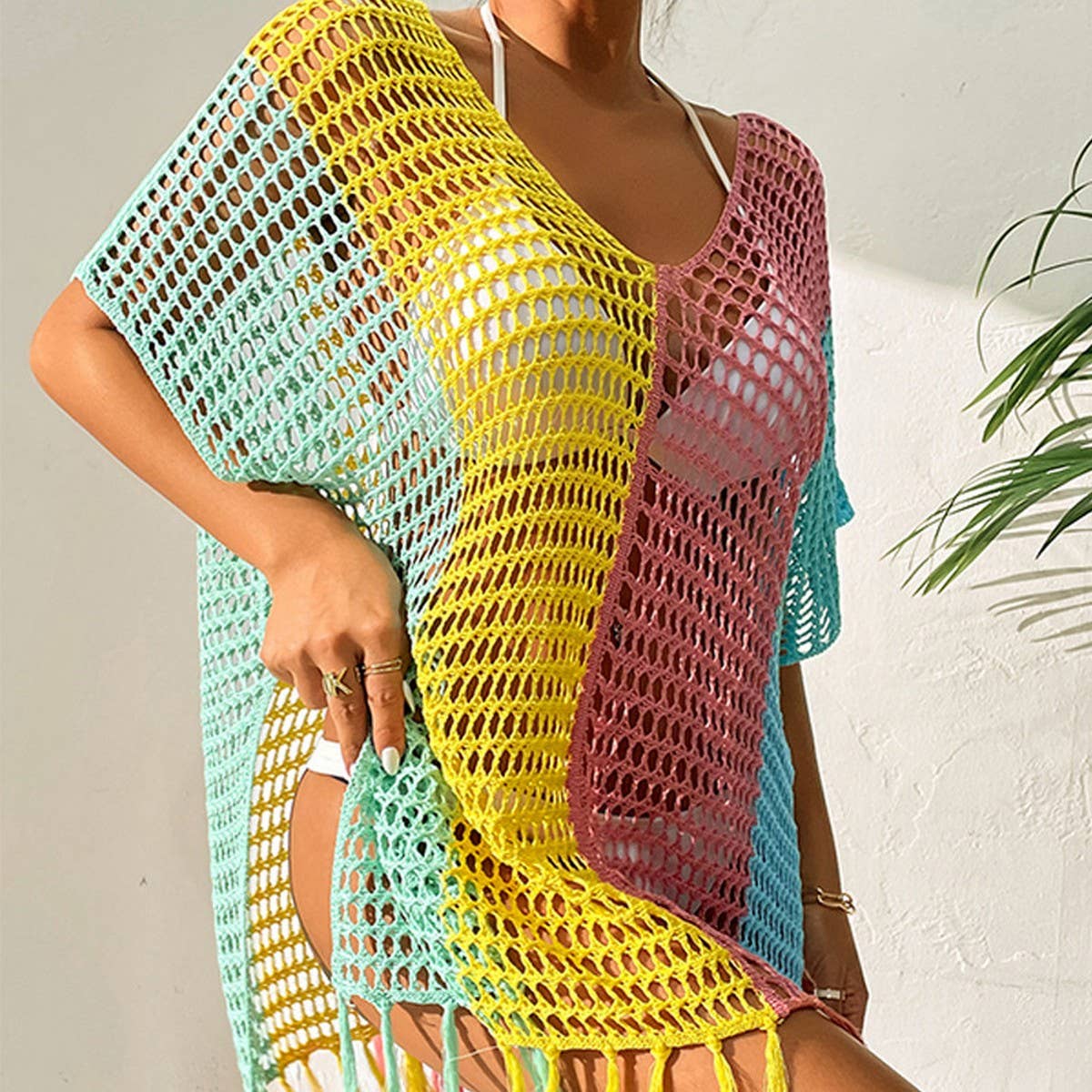 COLORFUL SEXY TASSEL HOLLOW BIKINI BEACH COVER UP_CWMW0669