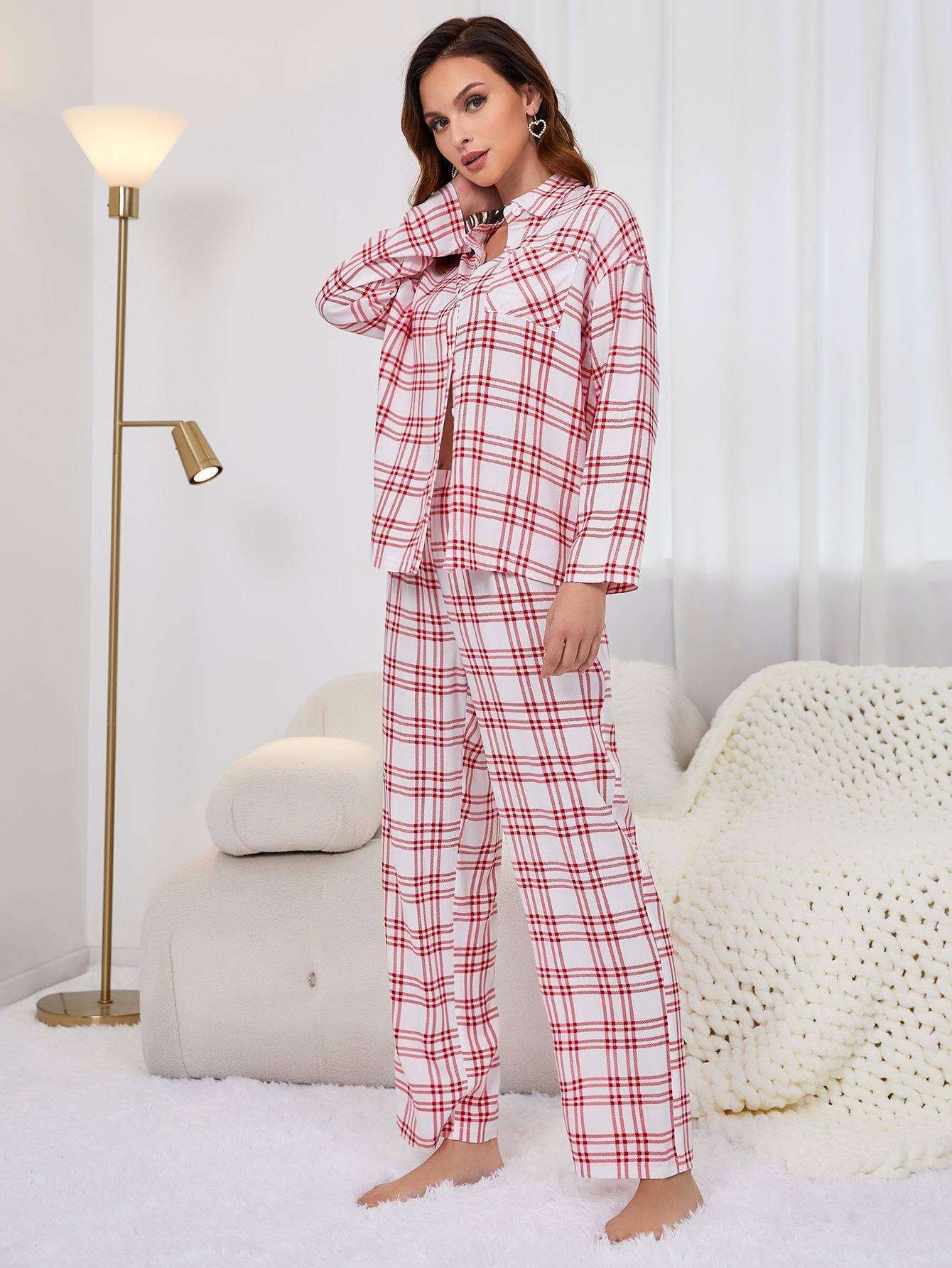 Two-Piece Red Plaid Long-Sleeved Loungewear