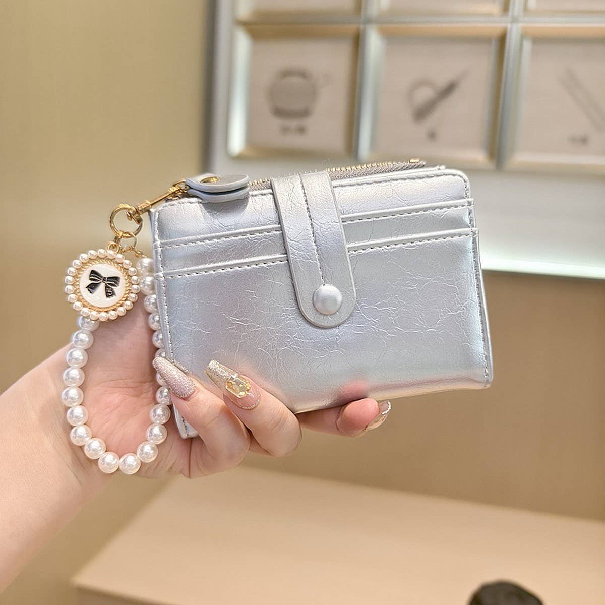 Unique Vintage Pearl 2-Fold Wallet With Zipper_Cwab06249