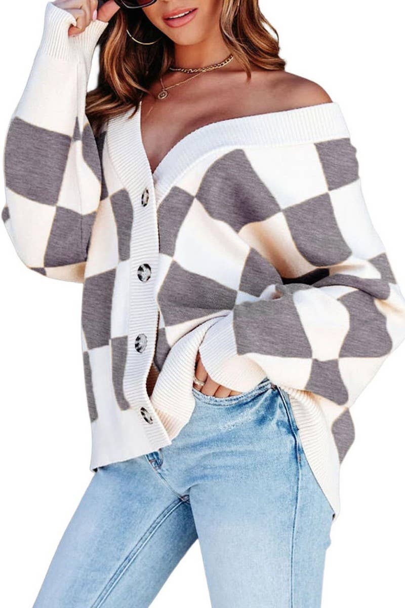 V-Neck Button-Up Long-Sleeved Cardigan